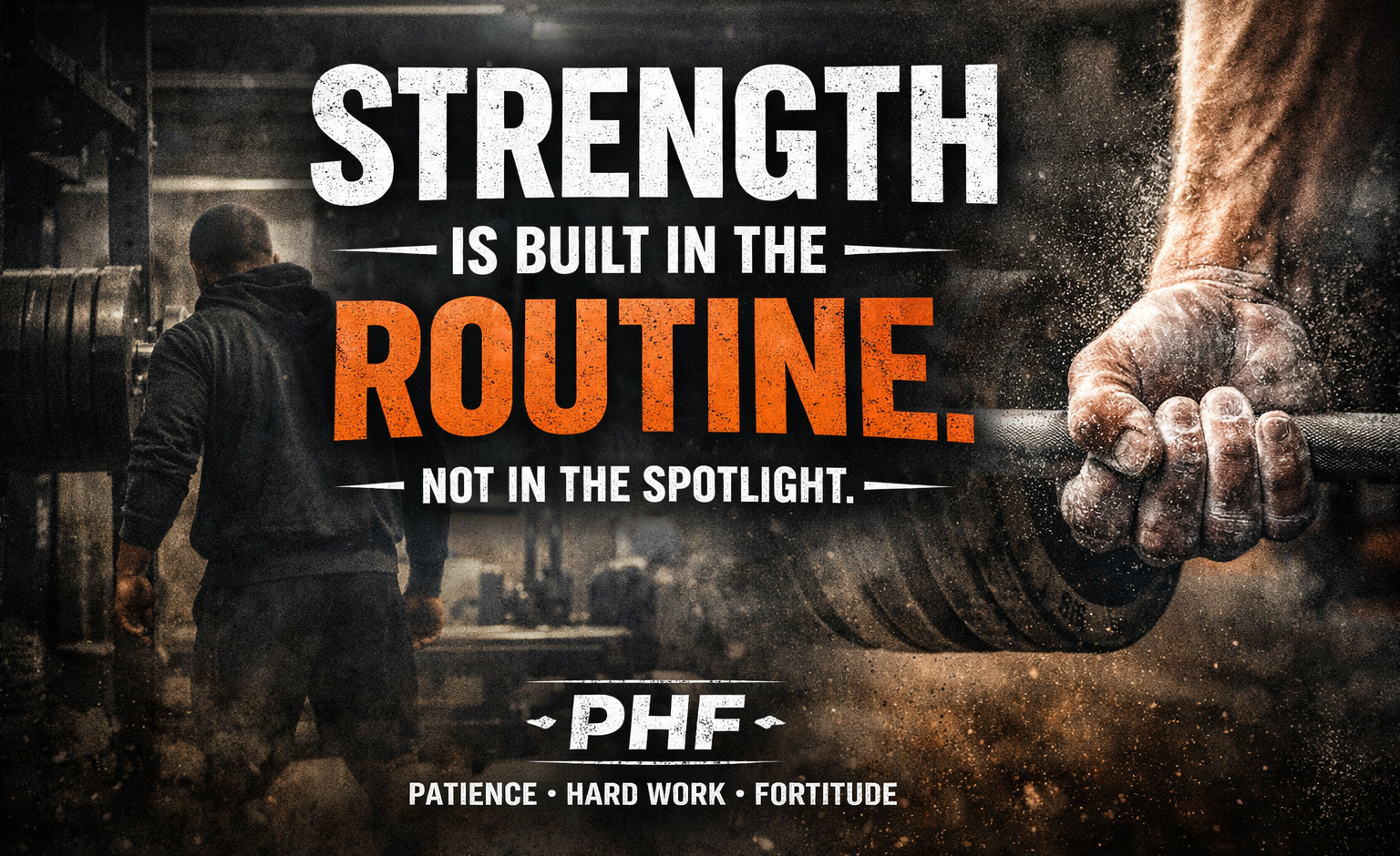 Athlete preparing to lift in gym with “Strength is Built in the Routine” quote