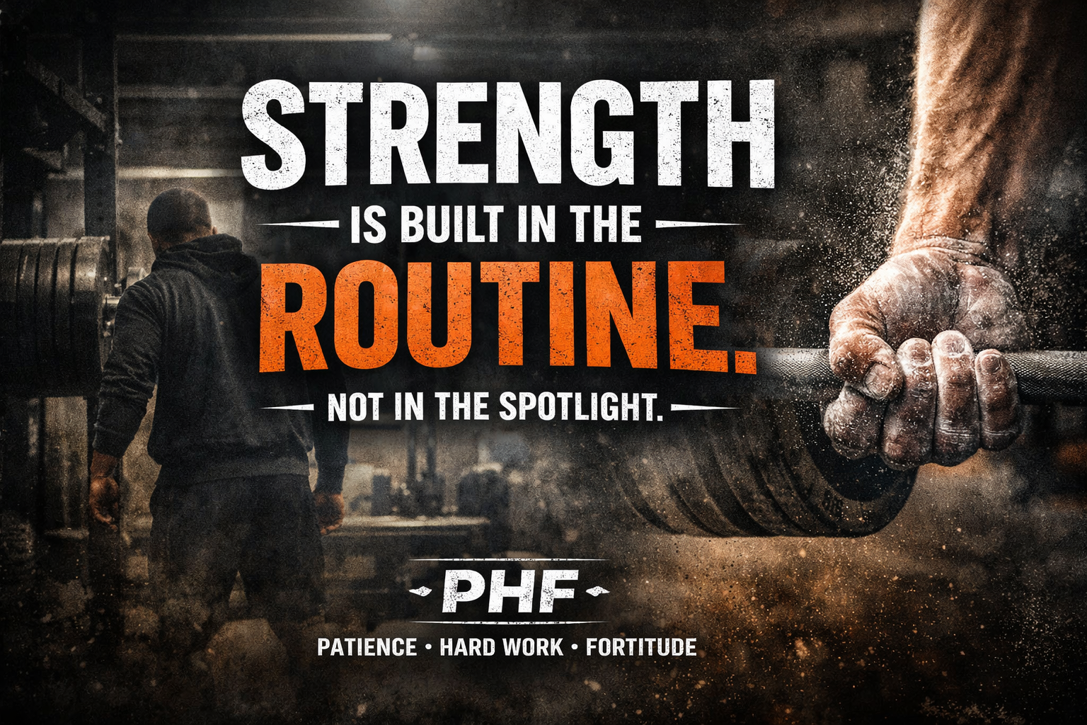 Athlete preparing to lift in gym with “Strength is Built in the Routine” quote