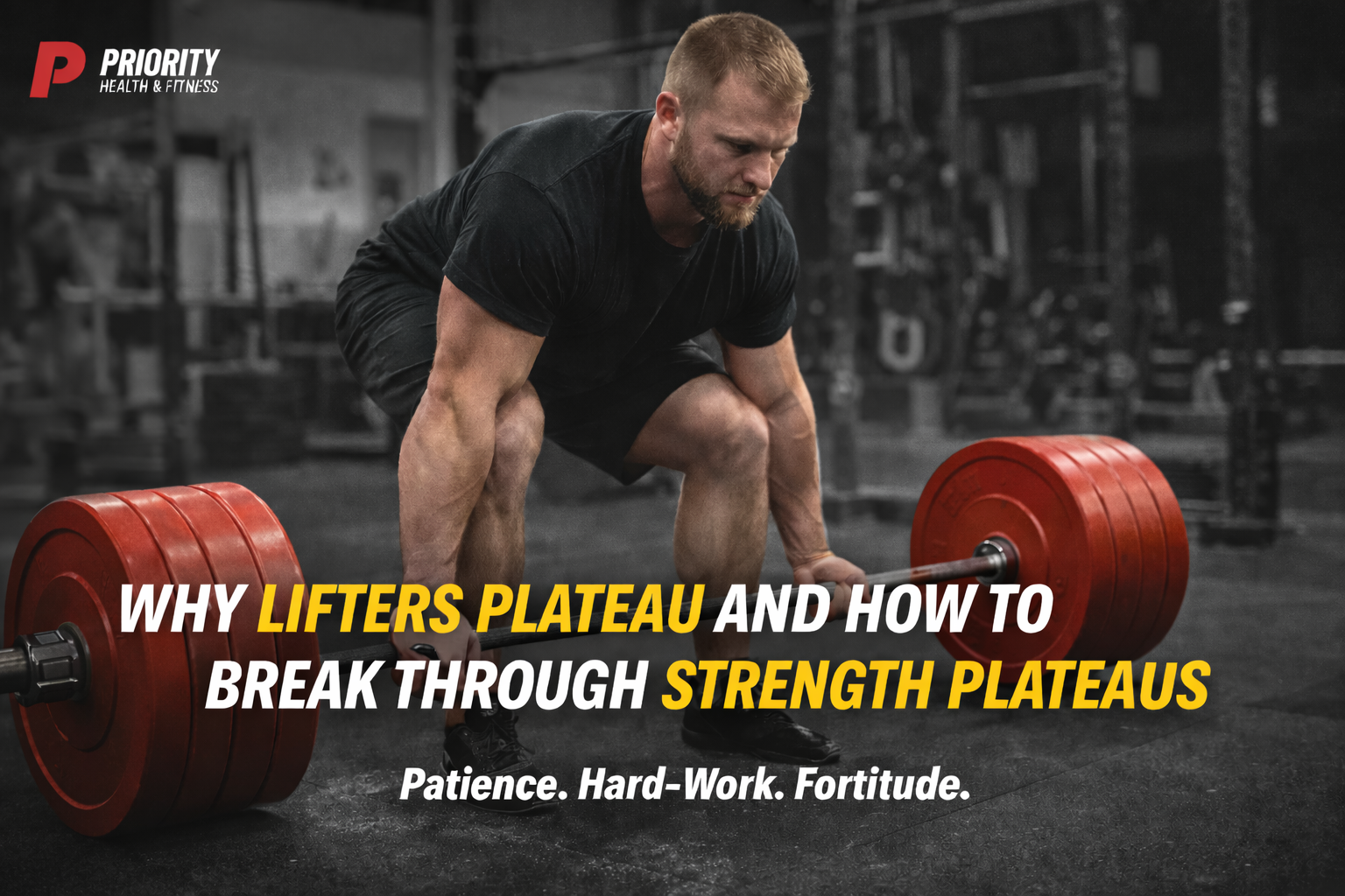 Powerlifter performing a heavy deadlift with red weight plates in a gym while the article title “Why Lifters Plateau and How to Break Through Strength Plateaus” appears with the Priority Health & Fitness motto “Patience. Hard-Work. Fortitude.”