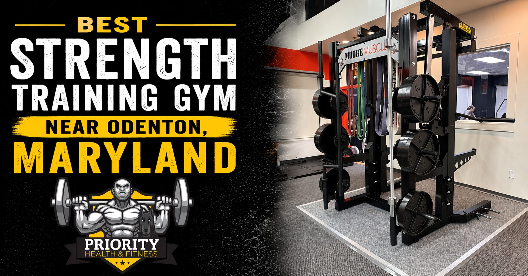 Priority Health and Fitness strength training gym in Odenton Maryland featuring monolift and barbell equipment