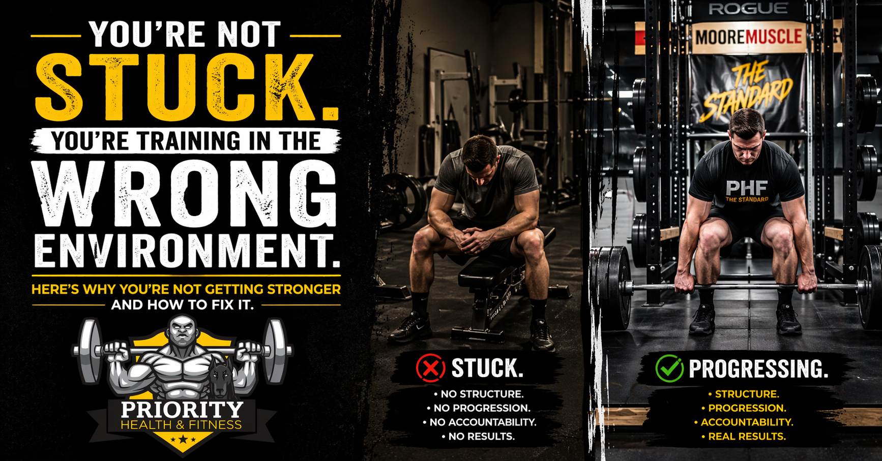Strength training plateau comparison showing stuck vs progressing lifter in a structured gym environment at Priority Health and Fitness in Odenton Maryland