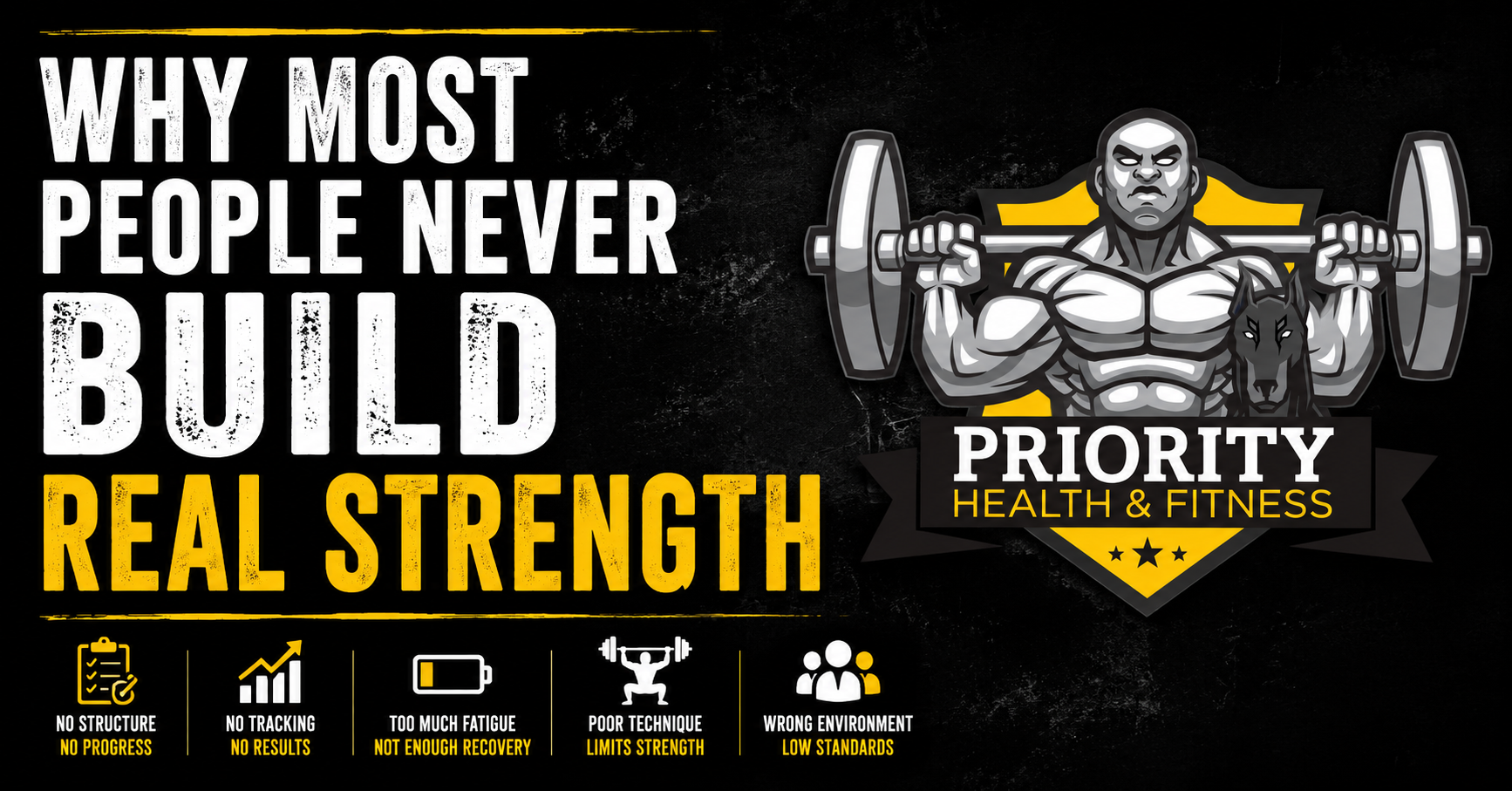 Why Most People Never Build Real Strength Featured Image. Priority Health and Fitness logo on the right half of the image.