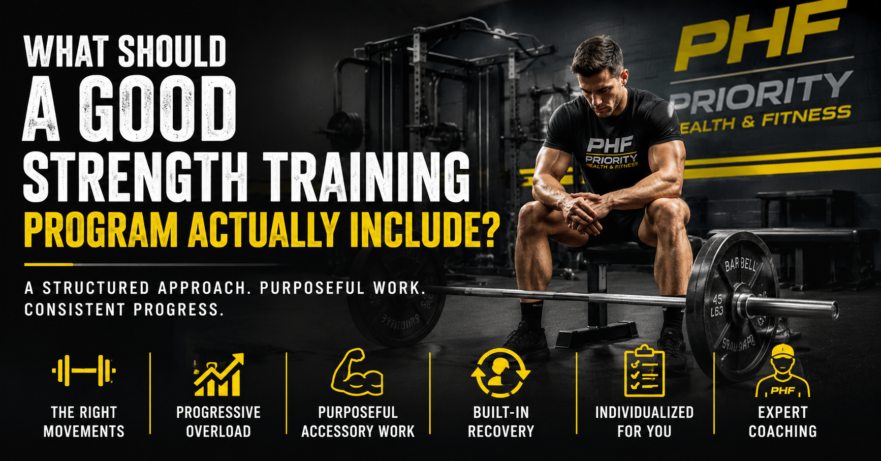 Priority Health & Fitness strength training program graphic showing a lifter in a gym with icons for movement selection, progressive overload, recovery, individualized training, and coaching.