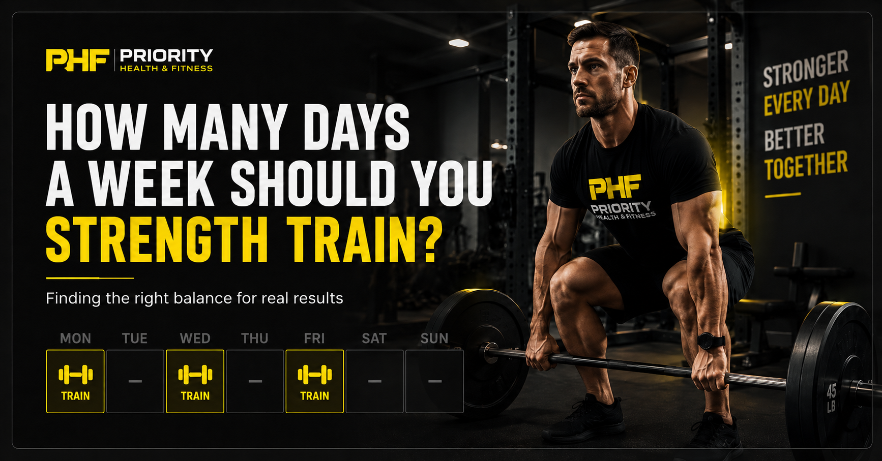 Priority Health & Fitness strength training graphic showing an athlete deadlifting beside a weekly workout schedule with training days highlighted.