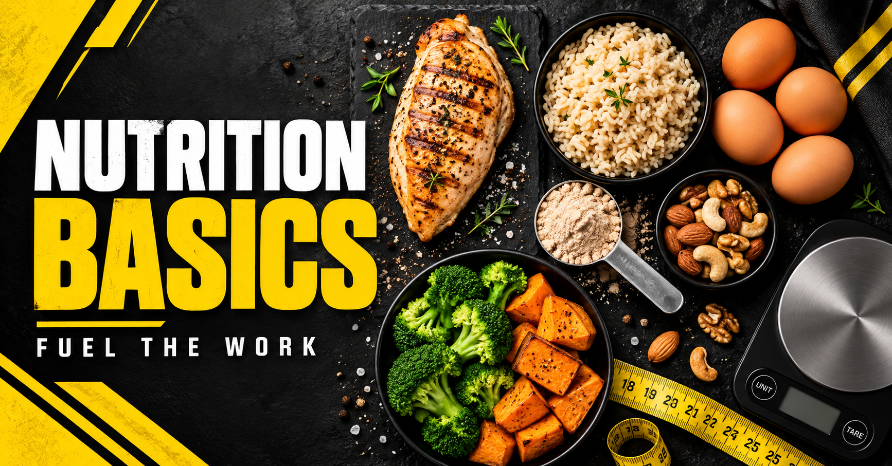 Overhead flat-lay of grilled chicken, rice, eggs, nuts, broccoli, and sweet potato representing strength training nutrition basics at Priority Health & Fitness in Odenton, Maryland.